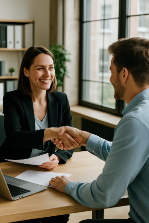 Women and man shaking hands