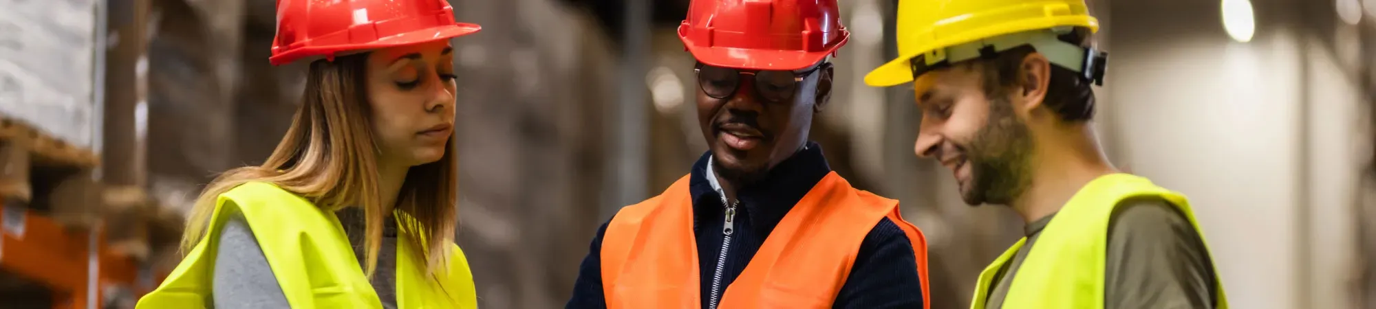 People in warehouse wearing hi vis and hard hat