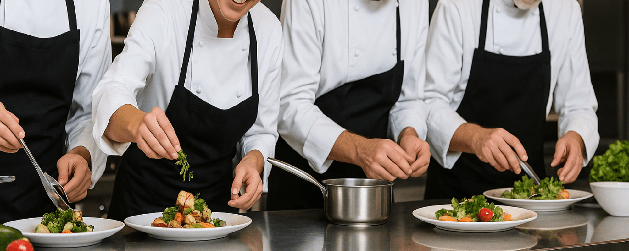 Catering staff preparing food in a professional kitchen